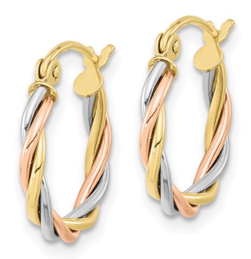 Tri-Color Polished Twisted Hoop Earrings