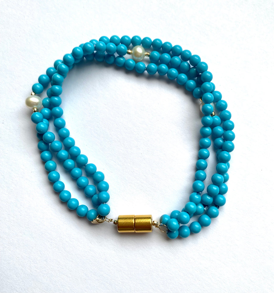 Triple Strand Turquoise, Gold and Pearl Bracelet