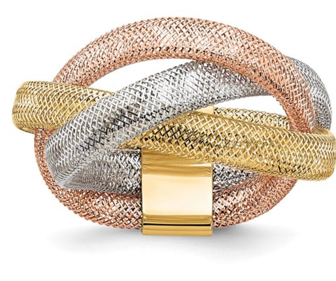 The Monica - 14k Gold Tri-Color Twisted Mesh Stretch Ring
